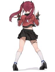 Rule 34 | 1girl, absurdres, ass shake, black footwear, black gloves, black skirt, dancing, fingerless gloves, from behind, full body, gloves, heart, heart print, high heels, highres, hololive, houshou marine, iii (hololive), jacket, koh (minagi kou), long hair, miniskirt, pleated skirt, print jacket, red hair, red jacket, simple background, skirt, socks, solo, twintails, virtual youtuber, white background, white socks