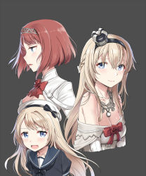 Rule 34 | 3girls, :d, ark royal (kancolle), bad id, bad pixiv id, blonde hair, blue hair, blue sailor collar, braid, cnm, crown, dress, flower, grey background, hair between eyes, hairband, half up braid, hat, highres, jervis (kancolle), jewelry, kantai collection, long hair, mini crown, multiple girls, necklace, off-shoulder dress, off shoulder, open mouth, puffy short sleeves, puffy sleeves, red flower, red hair, red ribbon, red rose, ribbon, rose, sailor collar, short hair, short sleeves, simple background, smile, tiara, warspite (kancolle), white dress, white hat