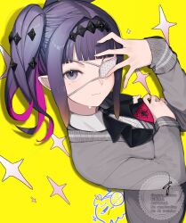 Rule 34 | 1girl, absurdres, bow, bowtie, cardigan, chuunibyou, collared shirt, eyepatch, hair ornament, highres, hololive, hololive english, looking at viewer, multicolored hair, ninomae ina&#039;nis, ogura tubuan, purple eyes, purple hair, school uniform, shirt, simple background, takodachi (ninomae ina&#039;nis), twintails, two-tone hair, virtual youtuber, yellow background