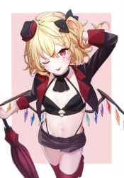 1girl ;p absurdres alternate_costume arm_behind_head bikini bikini_under_clothes black_bikini black_bow black_hat black_jacket black_shorts blonde_hair boots bow breasts cowboy_shot flandre_scarlet hair_bow hat heart heart_o-ring highleg highleg_bikini highres hiwokawa holding holding_umbrella jacket long_sleeves looking_at_viewer medium_hair multicolored_hair navel o-ring one_eye_closed pink_background race_queen red_eyes red_hair scan short_shorts shorts small_breasts solo stomach streaked_hair swimsuit thigh_boots third-party_source tongue tongue_out touhou umbrella wings