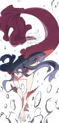 1boy air_bubble black_hair bubble closed_mouth completely_nude dated fins floating_hair full_body gills hair_between_eyes head_fins highres kimako_(kimako_8) long_hair looking_at_viewer male_focus merman modao_zushi monster_boy monsterification nude ponytail purple_eyes red_scales scales simple_background solo swimming twitter_username underwater very_long_hair watermark wei_wuxian white_background