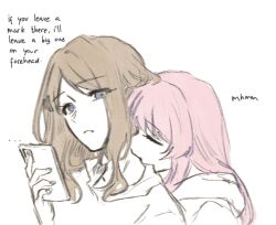 2girls bang_dream! bang_dream!_it&#039;s_mygo!!!!! biting blue_eyes brown_hair cellphone chihaya_anon commentary english_commentary english_text holding holding_phone long_hair multiple_girls nagasaki_soyo neck_biting niigouki phone pink_hair sidelocks simple_background smartphone upper_body white_background yuri