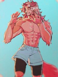 1boy abs absurdres arknights bara blue_shorts claws closed_eyes colored_tips commentary english_commentary furry furry_male highres horns hung_(arknights) komainu_boy komainu_ears komainu_tail male_focus multicolored_hair muscular muscular_male navel nipples pawpads pectorals shorts single_horn smile topless_male turro0on