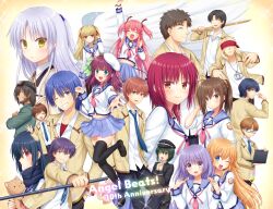 Rule 34 | 6+boys, 6+girls, angel beats!, angel wings, anniversary, black hair, blazer, blindfold, blonde hair, blue skirt, bokken, brown hair, char (angel beats!), closed eyes, commentary request, computer, cowboy shot, demon tail, everyone, fang, feathered wings, fujimaki (angel beats!), full body, green hair, grey hair, highres, hinata hideki, hisako (angel beats!), irie miyuki, iwasawa masami, jacket, jumpsuit, laptop, long hair, looking at viewer, matsushita (angel beats!), multiple boys, multiple girls, nakamura hinato, nakamura yuri, naoi ayato, neckerchief, necktie, noda (angel beats!), ooyama (angel beats!), otonashi yuzuru, parted lips, pink hair, pink neckerchief, pleated skirt, polearm, purple hair, red hair, saitou (angel beats!), school uniform, sekine shiori, serafuku, shiina (angel beats!), shinda sekai sensen uniform, short hair, skirt, stuffed animal, stuffed cat, stuffed toy, sword, tail, takamatsu (angel beats!), takeyama (angel beats!), tenshi (angel beats!), thighhighs, tk (angel beats!), weapon, wings, wooden sword, yui (angel beats!), yusa (angel beats!)