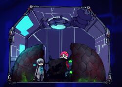 2girls blue_eyes braid chibi closed_mouth coat commentary e.g.o_(project_moon) employee_(project_moon) glowing glowing_chest glowing_weapon grey_hair helix_of_the_end hexagon highres indoors lobotomy_corporation long_hair low_twin_braids machine multiple_girls nugget_(project_moon) pink_hair project_moon red_coat robot sanguine_desire_(e.g.o) short_hair smile sound_of_a_star_(e.g.o) twin_braids very_long_hair weapon yatsumeunagi