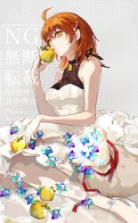 1girl ahoge ankle_strap apple bare_shoulders black_choker breasts chaldea_logo checkered_background choker dress earrings fate/grand_order fate_(series) food foot_out_of_frame from_side fruit fujimaru_ritsuka_(female) full_body golden_apple hair_ribbon hanako_(onikutabetaiyo) highres holding holding_food holding_fruit jewelry lace_trim looking_at_viewer medium_breasts medium_hair nail_polish object_kiss orange_hair pearl_hair_ornament red_ribbon ribbon saint_quartz_(fate) solo white_dress yellow_eyes