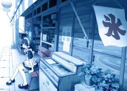 Rule 34 | 1girl, apron, bucket, dress, flower, happa de happy, highres, maid, maid headdress, original, plant, potted plant, shoes, short sleeves, sign, sitting, solo, thighhighs, window