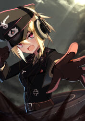 1girl absurdres adjusting_clothes adjusting_headwear belt blonde_hair brown_gloves cross epaulettes gloves hat headphones highres iron_cross jiseki_rena looking_at_viewer military_dress_uniform military_uniform nazi necktie open_mouth original peaked_cap reaching red_eyes reichsadler rena_(jiseki_rena) short_hair solo sunlight throat_microphone totenkopf tsurime white_background