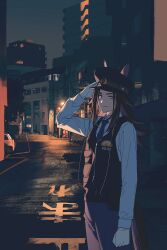 1girl absurdres animal_ears black_hair building collared_shirt cowboy_shot ears_through_headwear fenomeno_(umamusume) gloves hat highres horse_ears horse_girl japan_national_police k1ngcra3 long_hair long_sleeves looking_at_viewer necktie night night_sky peaked_cap police police_hat police_uniform policewoman purple_eyes road salute shirt sky smile solo street umamusume vest white_gloves