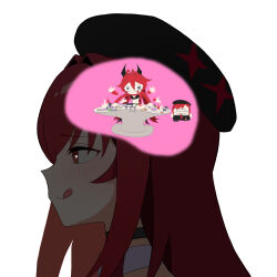 2girls :3 @_@ anger_(inside_out) antenna_hair beret black_bra black_skirt blush bra choker collar commentary control_panel_overlay cosplay english_commentary from_side goddess_of_victory:_nikke hair_between_eyes hat heart heart-shaped_pupils highres horns inside_out jacket leggings long_hair long_sleeves mechanical_horns midriff multiple_girls navel panty_straps rapi_(nikke) rapi_(nikke)_(cosplay) rapi_(red_hood)_(nikke) red_eyes red_hair red_hood_(nikke) red_jacket shirt simple_background skirt star_(symbol) symbol-shaped_pupils tongue tongue_out underwear very_long_hair wge white_background white_shirt