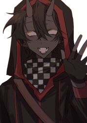 1boy absurdres aegyo_sal animification asouhyn badboyhalo black_gloves black_hair black_hoodie black_skin blank_eyes checkered_neckerchief chinese_commentary colored_skin commentary_request demon_boy demon_horns dream_smp fangs fingerless_gloves gloves hand_up highres hood hood_up hoodie horns long_sleeves male_focus minecraft_youtube monster_boy neckerchief open_mouth short_hair shoulder_belt simple_background skin_fangs smile solo upper_body white_background white_eyes
