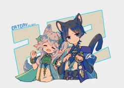 1boy 1girl 310_ill :&lt; absurdres animal_ear_fluff animal_ears armlet artist_name black_bodysuit black_bow black_bridal_gauntlets black_hair blue_eyes blue_kimono blue_sleeves blunt_ends bodysuit bow bracelet bridal_gauntlets cape cat_boy cat_day cat_ears cat_girl cat_tail closed_eyes cropped_torso curled_fingers detached_sleeves dress extra_ears eyelashes eyeliner eyeshadow facing_viewer genshin_impact gold gold_trim green_cape green_sleeves hair_ornament hand_up highres japanese_clothes jewelry juban kimono layered_sleeves leaf leaf_hair_ornament light_blush long_hair looking_at_viewer makeup mandarin_collar nahida_(genshin_impact) open_clothes open_kimono open_mouth parted_bangs paw_pose pointy_ears purple_rope red_eyeliner red_eyeshadow rope scaramouche_(genshin_impact) short_sleeves shoulder_peek side_ponytail sidelocks tail wanderer_(genshin_impact) white_dress white_hair white_kimono white_sleeves