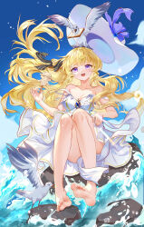 1girl absurdres alternate_costume bare_legs bare_shoulders barefoot black_bow blonde_hair blue_sky bow bread bread_slice breasts chinese_commentary cleavage collarbone commentary_request day double_strap_slip dress feet floating_hair food full_body hair_bow hat hat_loss highres holding holding_food legs long_hair looking_at_viewer medium_breasts open_mouth phoebe_(wuthering_waves) purple_eyes sannaks sitting sky smile soles solo striped_bow toast toes very_long_hair white_dress white_hat wuthering_waves