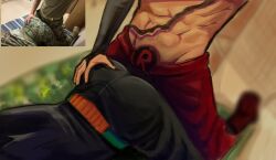 2boys abs all_fours ass bakugou_katsuki black_pants blurry blurry_background boku_no_hero_academia hand_on_another&#039;s_ass highres humping kirishima_eijiro lower_body male_focus multiple_boys pants reference_inset sorayavilla superhero_costume yaoi