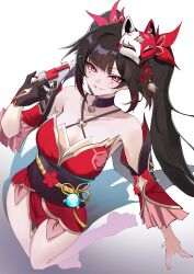 1girl absurdres bare_shoulders bell black_hair breasts choker cleavage collarbone detached_sleeves dress fox_mask gold_trim grin gun hair_ornament handgun highres honkai:_star_rail honkai_(series) jingle_bell large_breasts long_hair looking_at_viewer mask mask_on_head neck_bell obi pelvic_curtain pink_eyes red_dress revolver s4ika sash short_dress smile solo sparkle_(honkai:_star_rail) twintails weapon