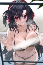 1girl absurdres against_glass black_bra black_hair black_panties black_thighhighs blurry blush bra breast_press breasts breasts_on_glass closed_mouth collarbone commission curvy depth_of_field hair_between_eyes hair_ribbon highres large_breasts long_hair looking_at_viewer navel original panties pixiv_commission red_eyes ribbon rossy_(yowayowachimpo) smile solo standing steam thighhighs underwear very_long_hair