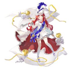 1girl ;) absurdres apple arknights blue_bow blue_sash bow cape chinese_commentary closed_mouth commentary_request drum ear_piercing food fruit full_body fur-trimmed_cape fur_trim green_eyes hat highres holding holding_instrument instrument jacket light_smile long_hair long_sleeves looking_at_viewer midriff_peek myrtle_(arknights) myrtle_(light_gold_celebration)_(arknights) official_alternate_costume one_eye_closed painine parted_bangs peaked_cap piercing pointy_ears red_cape red_hair ribbon sash shako_cap shoulder_sash simple_background skirt smile solo two-sided_cape two-sided_fabric whistle white_background white_cape white_hat white_jacket white_skirt yellow_ribbon