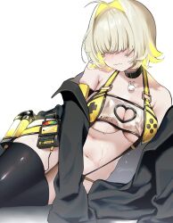 1girl arm_support bikini black_jacket black_thighhighs blonde_hair blush breasts cleavage_cutout closed_mouth clothing_cutout elegg_(boom_and_shock)_(nikke) game_controller_nipples_(meme) goddess_of_victory:_nikke hair_intakes hair_over_eyes heart_cutout highres jacket large_breasts long_bangs meme multicolored_hair navel off_shoulder pqsu23 see-through_bikini see-through_clothes short_hair simple_background slingshot_swimsuit solo sweat swimsuit thighhighs twitter_username two-tone_hair wavy_mouth white_background yellow_slingshot_swimsuit