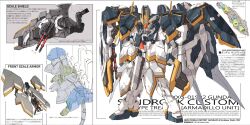 Rule 34 | arm shield, arrow (symbol), character name, clenched hand, green eyes, gundam, gundam sandrock custom, gundam wing, gundam wing: endless waltz, highres, mecha, mobile suit, multiple views, no humans, raruru, robot, science fiction, thrusters, v-fin