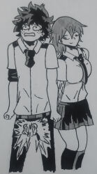 1boy 1girl ball_busting boku_no_hero_academia greyscale highres kirish midoriya_izuku monochrome squeezing_testicles testicles