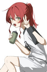 1girl absurdres bocchi_the_rock! bottle hand_up highres holding holding_bottle kita_ikuyo light_blush looking_at_viewer open_mouth ponytail qtian red_hair shirt shorts simple_background smile solo v white_background white_shirt white_shorts yellow_eyes