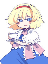 1girl alice_margatroid blonde_hair blue_dress blue_eyes blush_stickers capelet chahan_(fried_rice0614) chibi cup dress frills hairband highres holding holding_cup holding_saucer red_hairband saucer short_hair simple_background teacup touhou white_background white_capelet