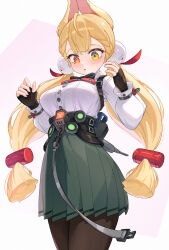 1girl :o absurdres alice_thymefield animal_ears black_gloves black_pantyhose blonde_hair breasts buttons character_name commentary cowboy_shot doryfish fingerless_gloves gloves green_skirt hands_up heterochromia highres long_hair long_sleeves looking_down low_twintails pantyhose pleated_skirt rabbit_ears rabbit_girl red_eyes shirt simple_background skirt solo sphere_hair_ornament twintails white_background white_shirt yellow_eyes zenless_zone_zero