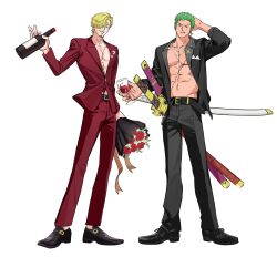 2boys black_shoes blonde_hair bottle bouquet commentary_request cup flower formal_clothes hair_over_one_eye highres holding holding_bottle holding_bouquet holding_cup jacket male_focus multiple_boys one_piece open_clothes open_jacket roronoa_zoro sanji_(one_piece) scar scar_across_eye scar_on_face shoes simple_background smile suit sweetdou3 sword weapon white_background