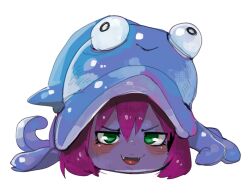 1girl :d animal_hat blue_hat blue_skin colored_skin fangs green_eyes hair_between_eyes hat league_of_legends lulu_(league_of_legends) open_mouth pool_party_(league_of_legends) pool_party_lulu purple_hair raichiyo short_hair simple_background smile solo squid_hat v-shaped_eyebrows white_background yordle yukkuri_shiteitte_ne