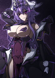 1girl absurdres aoi_tabane bare_shoulders breasts cleavage corruption cosplay covered_navel cowboy_shot dark_persona demon_girl demon_horns dress elbow_gloves evil_grin evil_smile gloves grin highres horns kouyoku_senki_exs-tia large_breasts long_hair looking_at_viewer luxuria_(kouyoku_senki_exs-tia) luxuria_(kouyoku_senki_exs-tia)_(cosplay) original pasties pelvic_curtain pubic_tattoo purple_eyes purple_hair revealing_clothes see-through_clothes sharp_teeth smile solo symbol-shaped_pupils tattoo teeth
