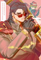 Rule 34 | 2boys, assault rifle, black eyes, black gloves, black hair, black shirt, blonde hair, cigar, coat, drama layer, fedora, formal clothes, gloves, gun, hair slicked back, hat, high collar, highres, holding, holding cigar, holding gun, holding sword, holding weapon, jacket, jacket on shoulders, limbus company, looking at viewer, male focus, meursault (project moon), multiple boys, nacaji, orange eyes, over shoulder, project moon, red-tinted eyewear, red coat, red hair, red jacket, red suit, rifle, serious, shirt, short hair, sinclair (project moon), smoking, suit, sword, sword over shoulder, thumb (identity) (project moon), tinted eyewear, upper body, weapon, weapon over shoulder, wolf cut