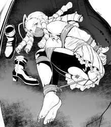 1girl absurdres barefoot bdsm bondage bound breasts commission eudetenis gag glaring greyscale highres improvised_gag kanzuki_karin looking_at_viewer lying monochrome pantyhose pussy second-party_source sex_toy shibari soles solo street_fighter tape tape_bondage tape_gag torn_clothes torn_pantyhose