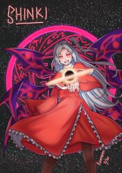 Rule 34 | 1girl, absurdres, black hole, blush, breasts, capelet, character name, dated, dress, grey hair, hair bobbles, hair ornament, highres, kyoto kiranami, long hair, multiple wings, red dress, red eyes, ribbon, shinki (touhou), smile, solo, space, star (symbol), touhou, touhou (pc-98), white hair, wings