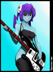 blush creepy-tan guitar highres instrument no_panties purple_hair red_eyes ru-chans russian_text skull tagme thighhighs