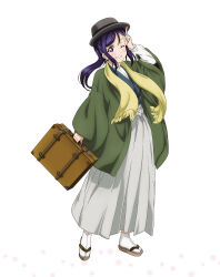 1girl artbook blush full_body grin hakama hakama_skirt hat highres holding japanese_clothes kimono long_hair long_sleeves looking_at_viewer love_live! love_live!_sunshine!! matsuura_kanan non-web_source official_art one_eye_closed ponytail purple_eyes purple_hair salute sandals scarf sidelocks simple_background skirt smile solo standing suitcase tabi white_background yellow_scarf