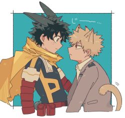 2boys animal_ears bakugou_katsuki belt belt_pouch blonde_hair boku_no_hero_academia cape cat_boy cat_ears cat_tail closed_mouth collared_shirt commentary_request cropped_torso eye_contact freckles from_side green_eyes green_hair grey_jacket highres ice_0377 jacket kemonomimi_mode long_sleeves looking_at_another male_focus midoriya_izuku multiple_boys pouch profile rabbit_boy rabbit_ears rabbit_tail red_belt red_eyes school_uniform shirt short_hair spiked_hair suit_jacket superhero_costume tail torn_cape torn_clothes u.a._school_uniform white_shirt wing_collar yellow_cape