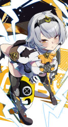 1girl absurdres anby_demara anby_demara_(silver_soldier) bangboo_(zenless_zone_zero) black_boots black_hairband boots braid breasts commentary_request commission dress full_body grey_hair hairband highres large_breasts leaning_forward looking_at_viewer official_alternate_costume parted_lips short_hair side_braid sideways_glance skeb_commission solo white_dress yamada_otonari yellow_eyes zenless_zone_zero