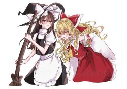 Rule 34 | 2girls, alternate costume, annin cha, apron, ascot, black hat, black skirt, black vest, blonde hair, blush, bow, broom, brown hair, commentary request, cosplay, costume switch, detached sleeves, fang, frilled bow, frilled hair tubes, frills, hair bow, hair tubes, hakurei reimu, hakurei reimu (cosplay), hat, hat bow, highres, holding, holding broom, kirisame marisa, kirisame marisa (cosplay), leaning forward, long hair, looking at viewer, multiple girls, open mouth, red bow, red skirt, skin fang, skirt, skirt set, smile, touhou, twitter username, very long hair, vest, waist apron, watermark, white apron, white bow, witch hat, yellow ascot