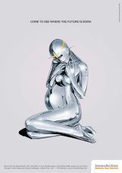 1girl 2008 android completely_nude english_text female_focus full_body grey_background highres metal navel nude photorealistic pinup_(style) pregnant realistic simple_background sitting solo sorayama_hajime text_focus yokozuwari