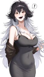 ! 1girl barcode barcode_tattoo black_bra black_hair bra breasts cleavage collarbone cosplay cowboy_shot d_(killer_wife)_(nikke) d_(nikke) d_(nikke)_(cosplay) dongtan_dress dress goddess_of_victory:_nikke grey_dress highres hyuiil365 k_(nikke) large_breasts long_hair looking_at_viewer meme_attire messy_hair multicolored_hair sharp_teeth solo tattoo teeth underwear very_long_hair white_background white_hair