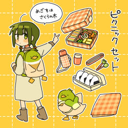 1girl ahoge arm_up bento bird blush boots brown_boots closed_mouth dot_mouth dot_nose dress finger_gun food from_behind full_body fuu_(ozu_(oz_yarimasu)) green_eyes green_hair grid_background guu_(ozu_(oz_yarimasu)) legs_apart long_dress long_sleeves looking_at_viewer low_twintails napkin onigiri original outline outstretched_arm ozu_(oz_yarimasu) short_hair sidelocks simple_background solo thermos twintails white_dress white_outline yellow_background