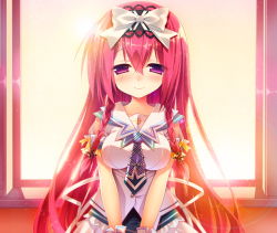 1girl blush braid breasts evening female_focus game_cg hairband highres large_breasts long_hair looking_at_viewer mayoeru_futari_to_sekai_no_subete_love_heaven_300_percent necktie purple_eyes red_hair skirt smile solo standing sunlight upper_body window youta