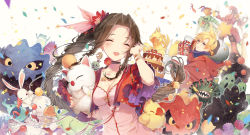 1boy 1girl :d ^_^ aerith_gainsborough birthday_cake blush bomb_(final_fantasy) breasts brown_hair rabbit cake chocobo choker cleavage cloak closed_eyes cloud_strife commentary confetti cosplay cropped_jacket dress closed_eyes final_fantasy final_fantasy_vii flower food frog gift hair_flower hair_intakes hair_ornament happy_birthday highres jacket kieta long_hair malboro medium_breasts moogle open_clothes open_jacket open_mouth photoshop_(medium) pink_dress revision sabotender smile square_enix tonberry tonberry_(cosplay) twintails upper_body