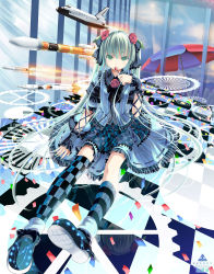 1girl candy checkered_clothes checkered_floor checkered_legwear female_focus floor food green_eyes green_hair hatsune_miku highres kneehighs lollipop long_hair matching_hair/eyes namamo_nanase patterned_legwear rocket rocket_ship single_kneehigh single_sock single_thighhigh sitting skirt socks solo space_shuttle spacecraft striped_clothes striped_socks thighhighs twintails umbrella very_long_hair vocaloid