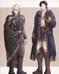 2boys alternate_costume black_boots black_cape black_gloves black_hair black_pants black_robe black_shirt boots brown_boots cape commentary_request cosplay costume_switch fire_emblem fire_emblem:_three_houses fire_emblem_awakening full_body gloves hair_over_one_eye highres hooded_robe hubert_von_vestra hubert_von_vestra_(cosplay) hubert_von_vestra_(timeskip) knee_boots looking_at_another male_focus male_robin_(fire_emblem) male_robin_(fire_emblem)_(cosplay) multiple_boys nintendo open_clothes open_robe pants robe shirt short_hair standing tohka_sd white_hair white_pants white_shirt