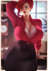 1girl android arm_up atomic_heart black_sclera black_skirt blurry blurry_background bra breasts bright_pupils cleavage colored_sclera earrings huge_breasts jewelry looking_at_viewer nora_(atomic_heart) olchas partially_unbuttoned pearl_earrings personification red_hair red_lips short_hair skirt solo underwear white_bra white_pupils