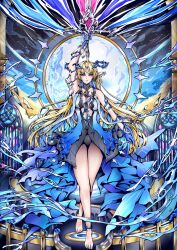 1girl arm_up bare_legs bare_shoulders barefoot black_collar black_dress blonde_hair blue_eyes blue_hair breasts collar colored_inner_hair commentary crown_of_thorns dress earrings feet fleurdelys_(wuthering_waves) full_body highres holding holding_sword holding_weapon horns jewelry large_breasts legs long_hair long_horns looking_at_viewer multicolored_hair necklace panosarts parted_lips pointy_ears sidelocks single_horn solo sword tabard tacet_mark_(wuthering_waves) toes v-shaped_eyebrows very_long_hair weapon white_tabard wuthering_waves yellow_horns