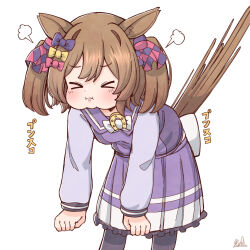 &gt;_&lt; 1girl :i animal_ear_fluff animal_ears black_pantyhose blush bow breasts brown_hair closed_eyes closed_mouth commentary_request facing_viewer frilled_skirt frills hair_bow highres horse_ears horse_girl horse_tail leaning_forward long_sleeves pantyhose pink_bow pleated_skirt pout puffy_cheeks puffy_long_sleeves puffy_sleeves purple_bow purple_shirt purple_skirt rakugakiraid school_uniform shirt signature simple_background skirt small_breasts smart_falcon_(umamusume) solo stiff_tail tail tracen_school_uniform translation_request twintails umamusume white_background white_bow yellow_bow