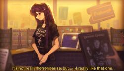 Rule 34 | 1girl, 1other, absurdres, band shirt, black pants, black shirt, blockbuster video, blurry, blush, breasts, commentary, counter, depth of field, doki doki literature club, donnie darko, doremyart, dusk, dvd (object), dvd case, english commentary, english text, hair ornament, hair over shoulder, hairclip, highres, long hair, looking at viewer, looking to the side, medium breasts, merchandise, monitor, my chemical romance, own hands together, pants, parted lips, people, point-of-sale system, poster (object), purple hair, raised eyebrows, shelf, shirt, shop, short sleeves, sign, smile, solo focus, standing, sticky note, subtitled, t-shirt, the black parade, window, yuri (doki doki literature club)