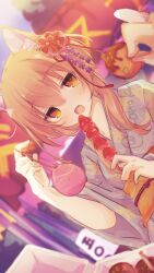 Rule 34 | 1girl, animal ears, brown eyes, brown hair, candy, cat ears, cat girl, festival, food, hair ornament, highres, iris mysteria!, japanese clothes, jitome, kimono, konoquro, laura kelyrie, looking at viewer, open mouth, takoyaki, upper body, variant set, water yoyo